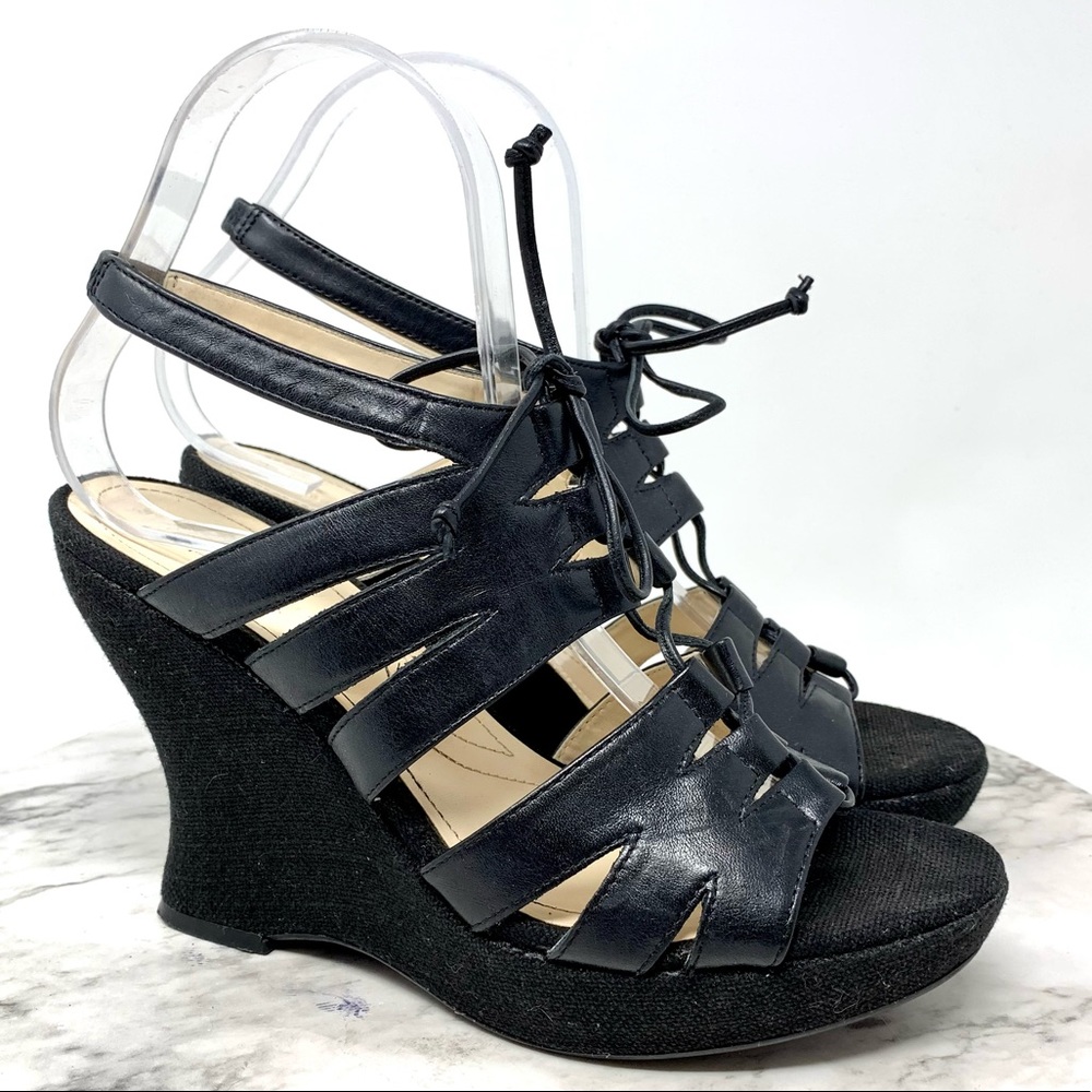 Tahari Sunny Multi Strap Lace Up Slingback Wedge Sandals Black 7.5 Classic Chic